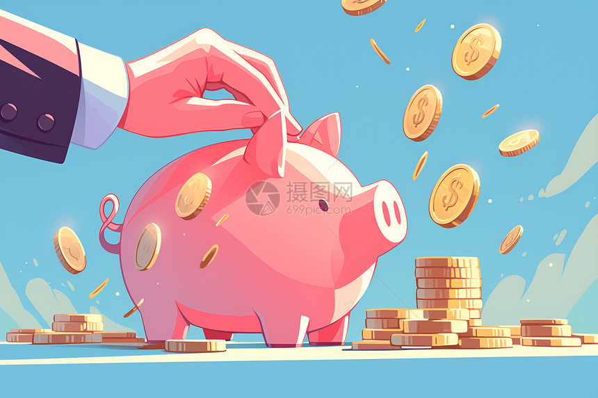 、放入硬币的粉色小猪储蓄罐图片