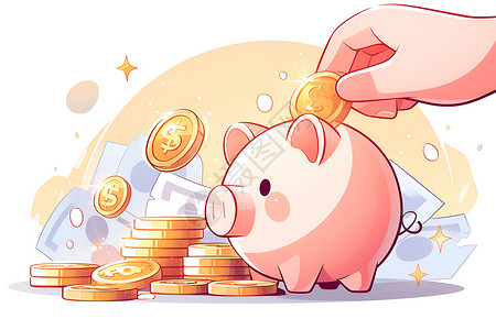 錢幣正在存钱的小猪存钱罐插画