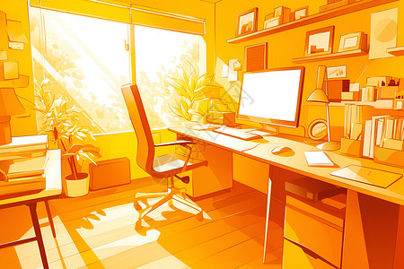 书桌静物温暖阳光下的书房插画