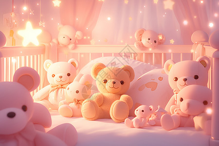 婴儿床上的泰迪熊背景图片