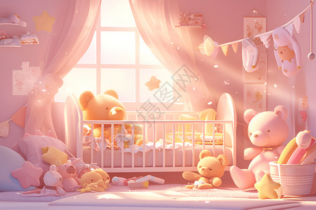 婴儿床上新婴儿房里的玩偶插画