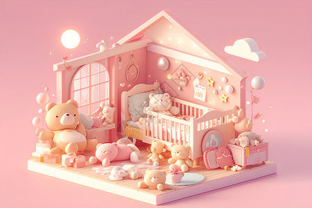 婴儿床上新粉色的婴儿房插画