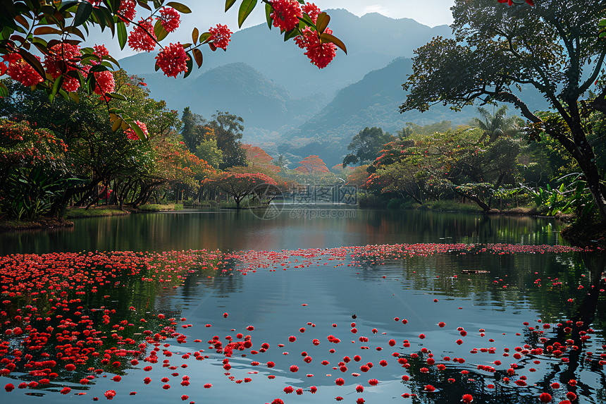湖面上的红花图片