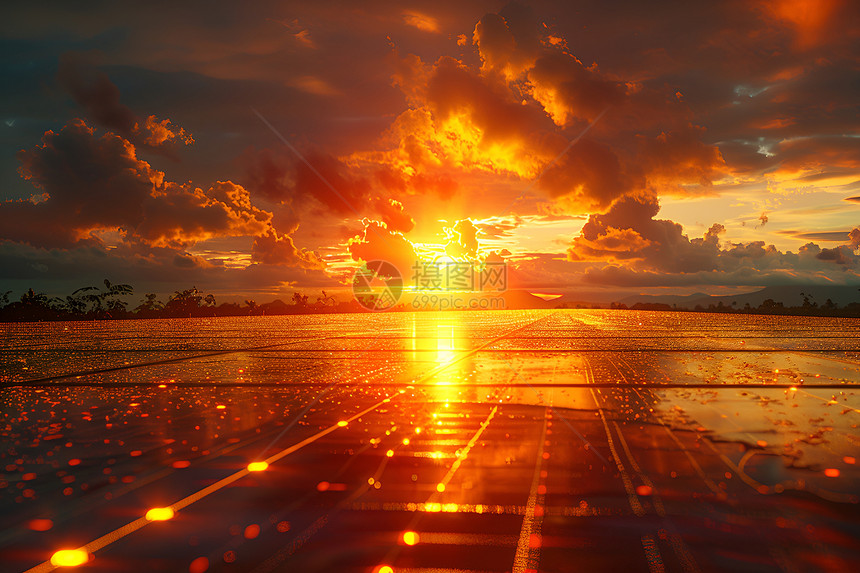 夕阳中的太阳能板图片