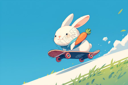 墨鱼滑滑滑板的兔子插画