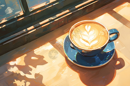 树影背景窗前的咖啡杯插画