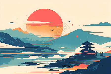 山海美景山海夕阳美景插画