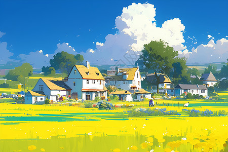 房屋草地元素乡村田园和房屋插画