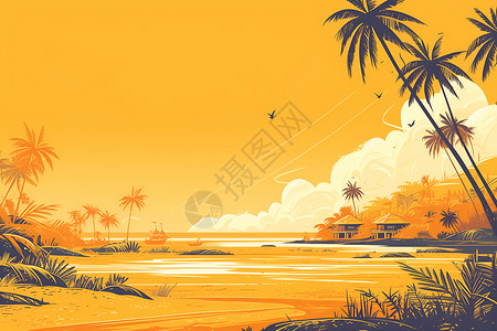 夕阳海岛南国夕阳下的岛屿美景插画