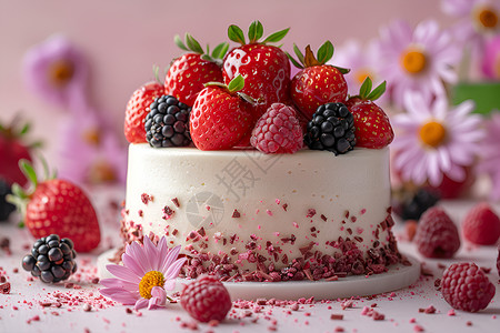 蛋糕兑换券粉色蛋糕与浆果背景