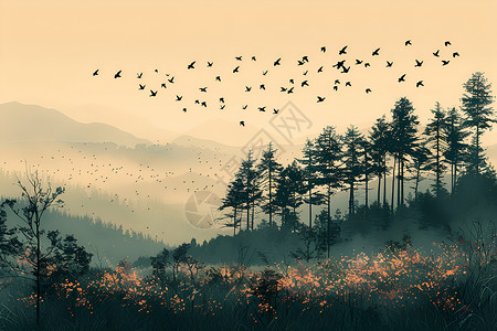 最高的山飞鸟成群的在山村上飞翔插画