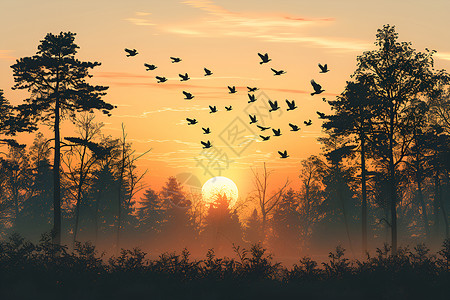 林业天空中的一群鸟在飞翔插画