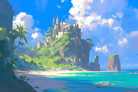 著名旅行地一个岛上有壮丽的城堡插画