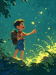 野营者萤火虫与蝴蝶相伴的少年插画