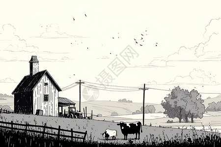 澳大利亚牧场田野中的房屋和牛儿插画