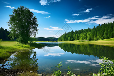 湖畔风景绿色山谷中的湖畔背景