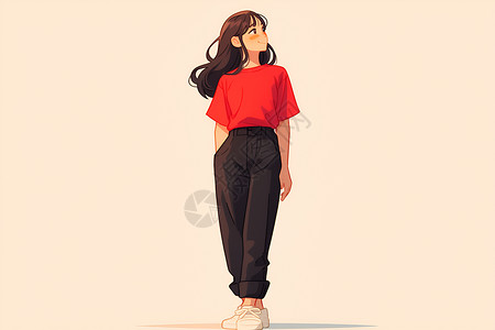 化纤衣服穿着红色T恤的女孩插画