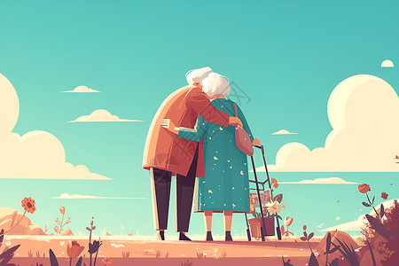 温馨和蔼的老年夫妇插画