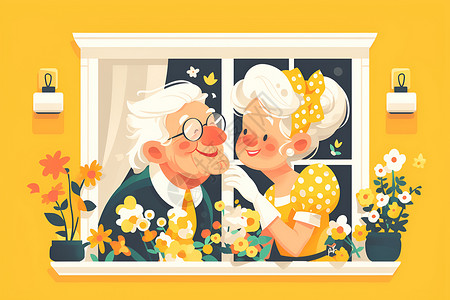 公园插画可爱的老年夫妇插画
