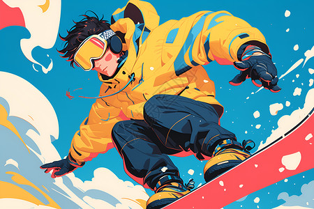 中老年男子激情滑雪的男孩插画