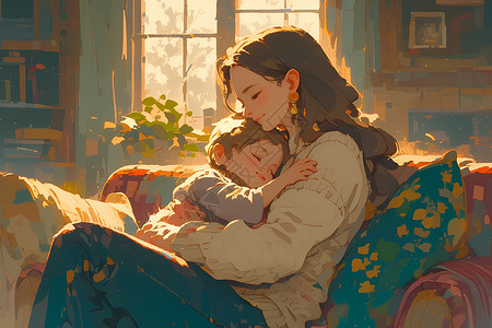 沙宁沙发上抱着孩子的妈妈插画