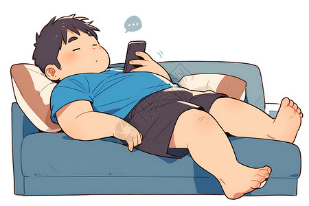 躺沙发上玩手机的男孩插画