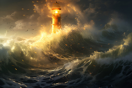 海洋风暴大浪中的灯塔插画