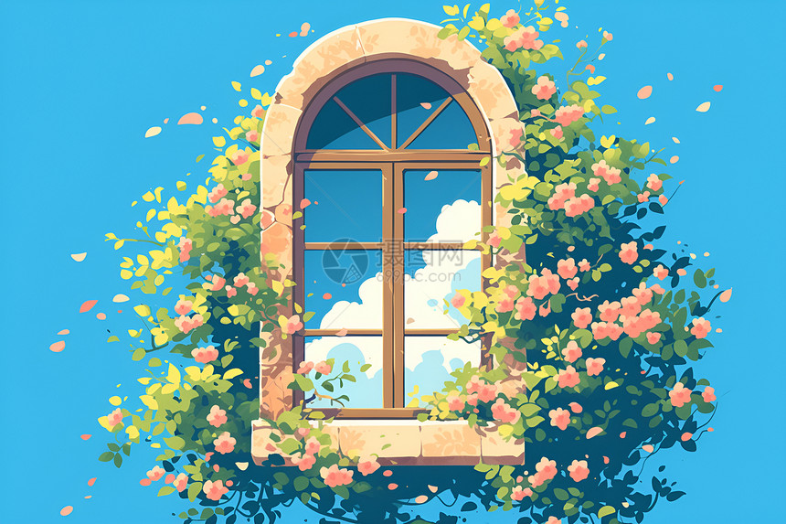 窗户边的美丽花朵图片