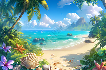 巴厘岛梦幻海滩梦幻海洋风景插画