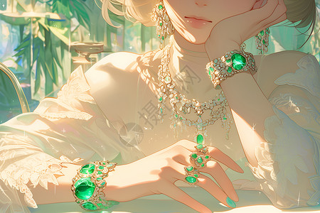 宝石绿女孩的珠宝首饰插画