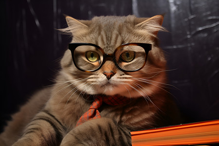 书籍边戴着眼镜的猫咪高清图片