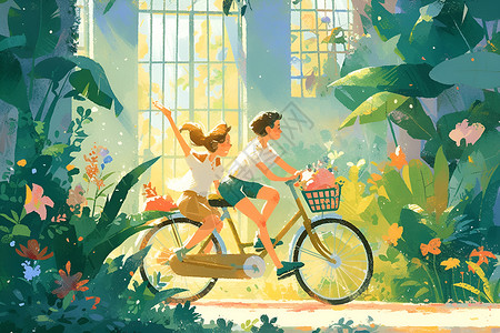 情侣骑自行车骑行中的情侣插画