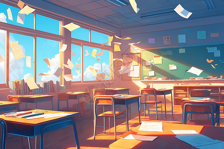桌椅组合纸张飞舞的学堂插画