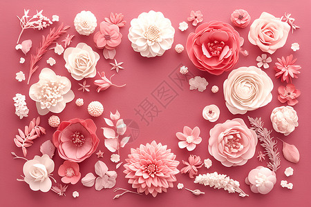 窑洞剪纸粉色纸张上的花朵插画