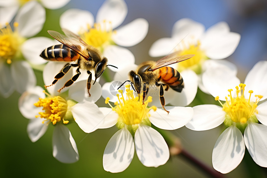 两只蜜蜂在花朵上采蜜图片