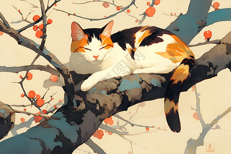 斑点的梅树枝上的小花猫插画