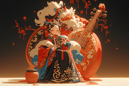 中国风音乐传统唐装舞者插画