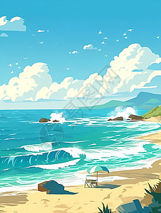 西非海岸海滩上浪花插画