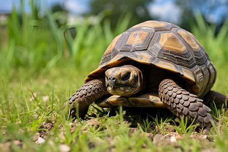 乌龟缩头在草地上爬行的乌龟背景