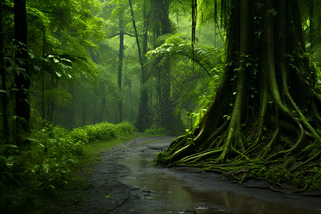 大树植物森林中的小路背景