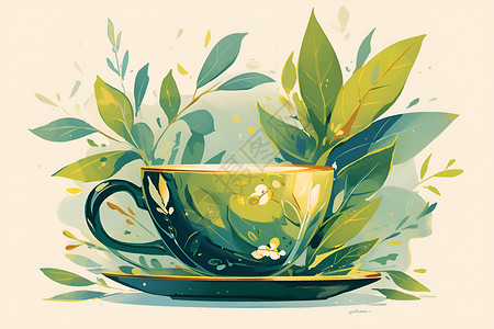 白瓷茶壶白瓷茶杯上的绿叶插画