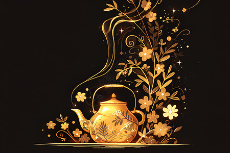 雕刻纹理铜壶里的花香味插画