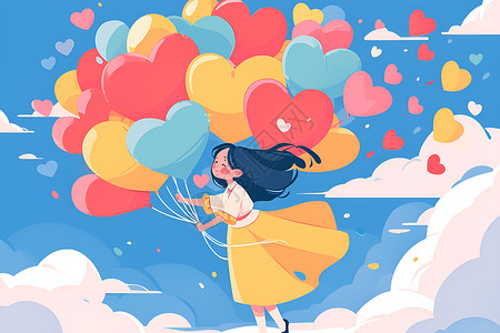 多彩漂浮小方块飘在天空中的心形彩色气球和女孩插画