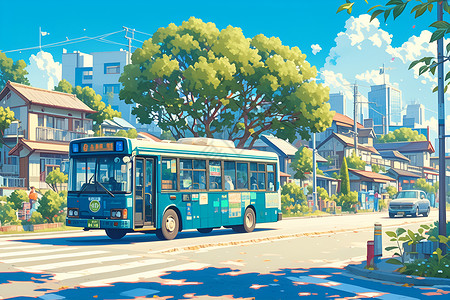 插画小镇街道上的公交车插画