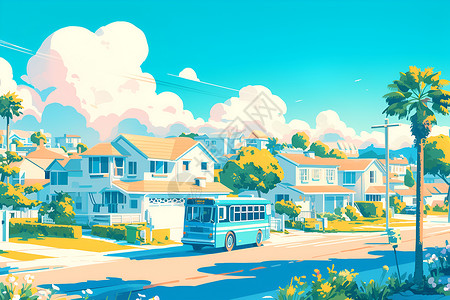 社区风景蓝色公交车在宁静社区穿行插画