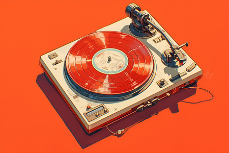 音乐唱片红色背景上的唱片机插画