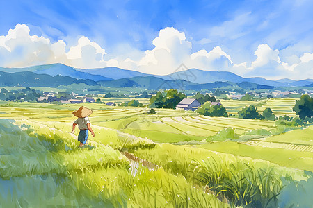 稻谷堆稻田中的农民插画