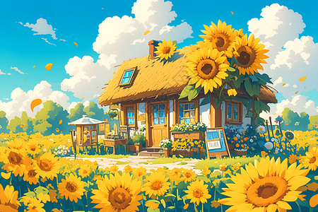 田园房房屋前开满向日葵插画