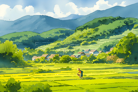 山景高层丰美的田野和壮丽的山景插画