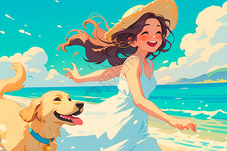 沙滩女孩与狗海边的少女插画